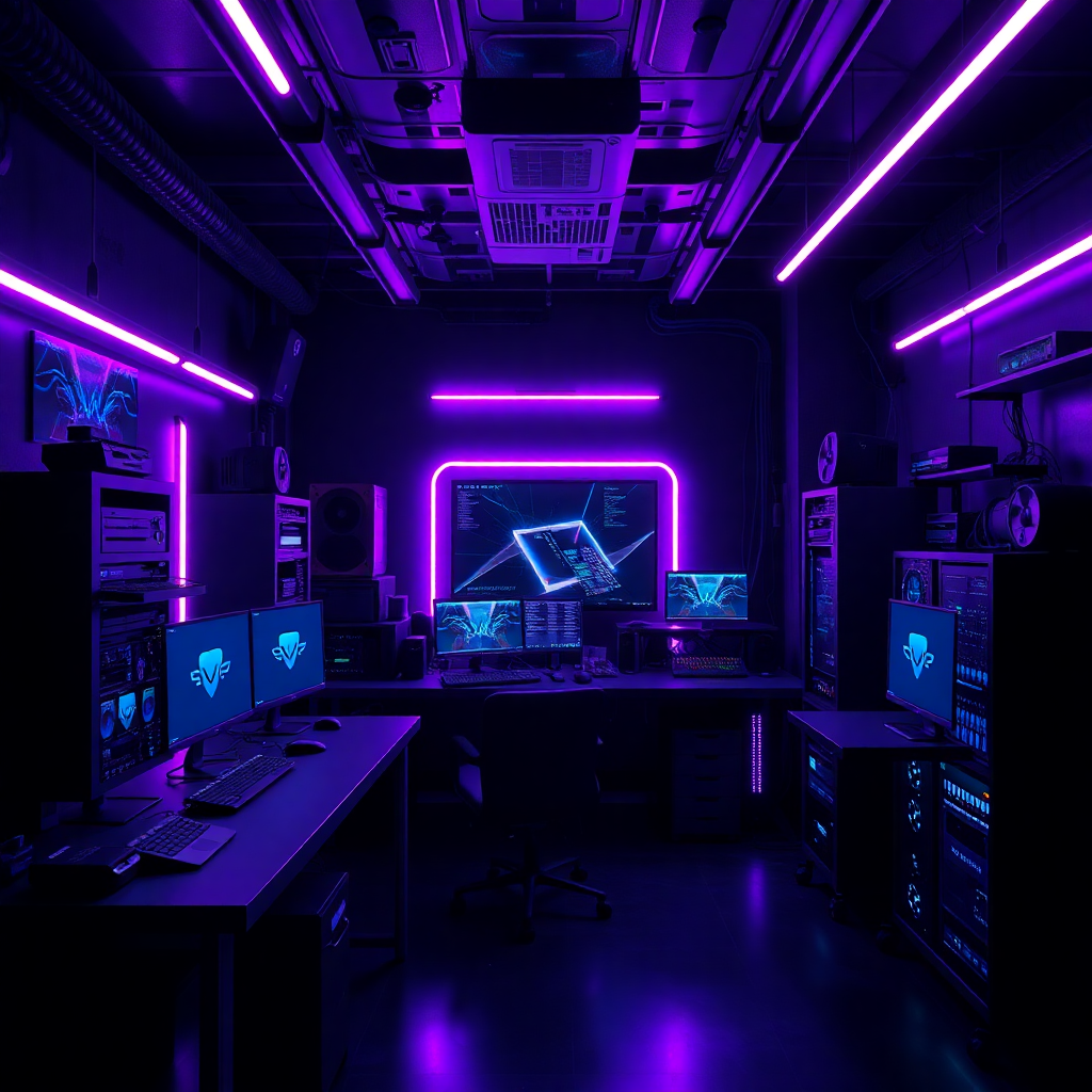 futuristic dark tech workspace with multiple computer setups, servers, network equipment, purple neon lighting, high-tech hardware installation
