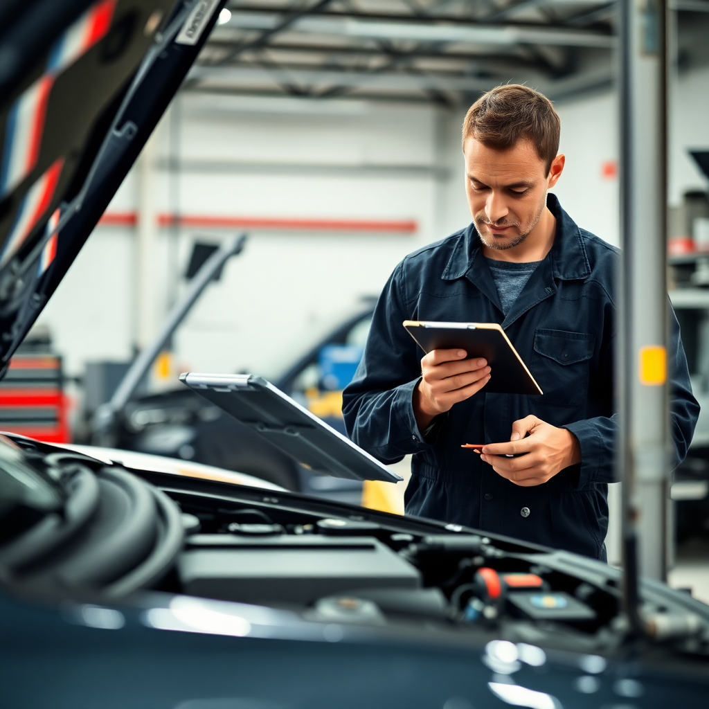 mechanic with clipboard inspecting car engine in a well-lit workshop, detailed shot