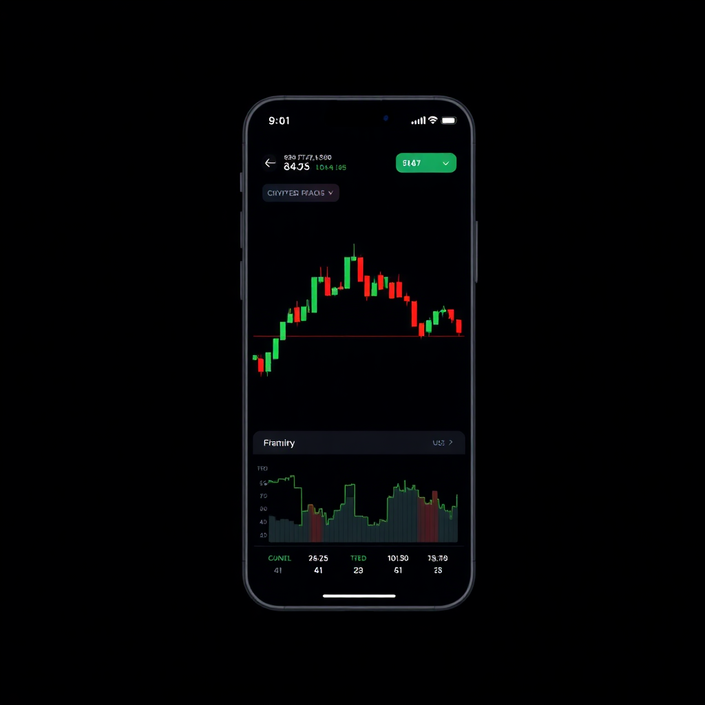 modern trading app interface showing cryptocurrency price charts with candlesticks, clean light UI design, mobile phone mockup, professional financial dashboard