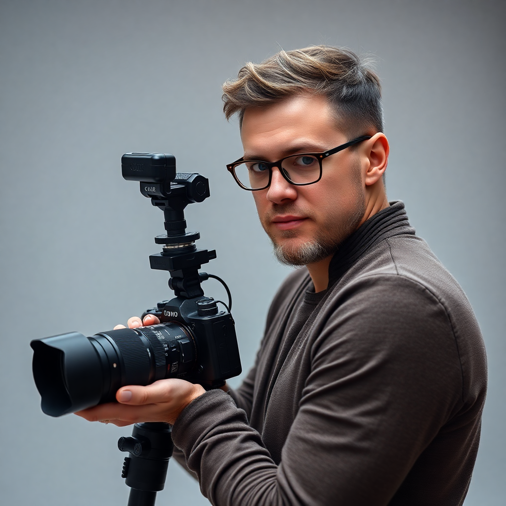 professional headshot male photographer Alex Morgan with camera equipment