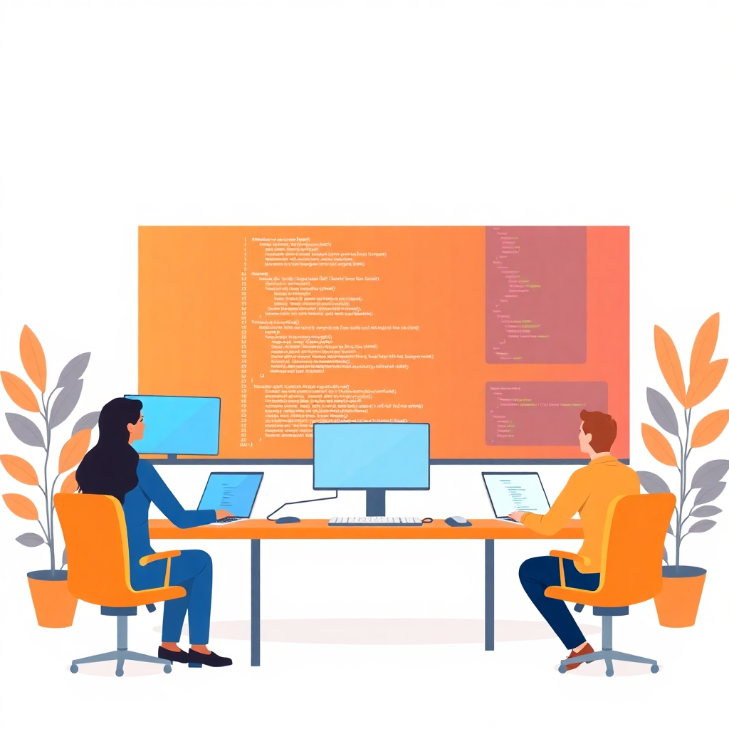 modern flat illustration web development team working on huge monitor with code and ui elements orange and blue color palette white background