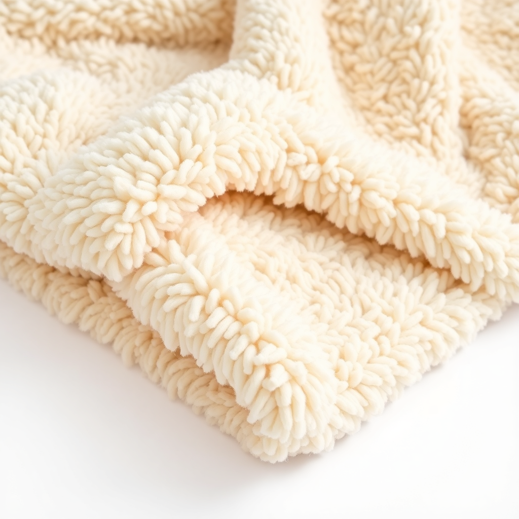 luxurious soft sherpa blanket in warm cream color, cozy texture close up, product photography, clean white background