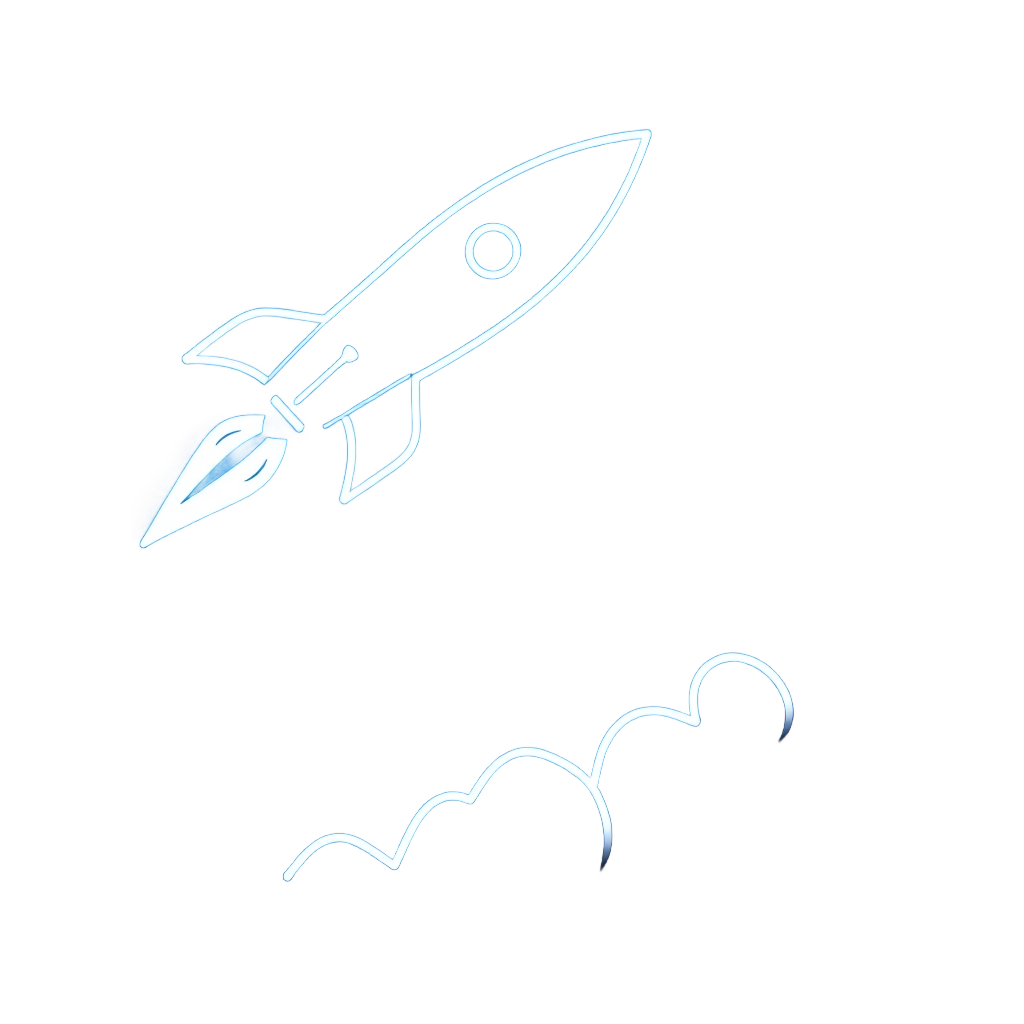 rocket launching upward, success and growth symbol, neon blue glow, minimal design without background