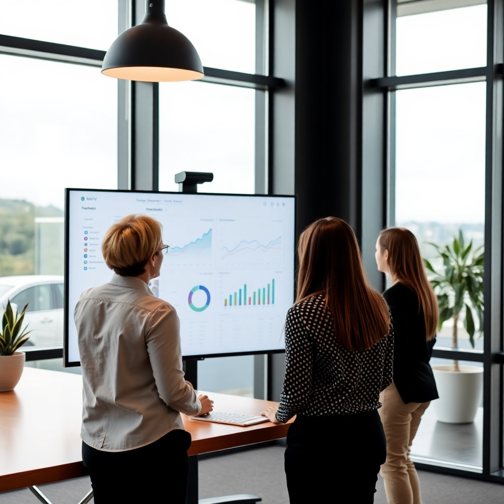 team reviewing marketing data on a large screen in a modern office in Hobart, professional atmosphere