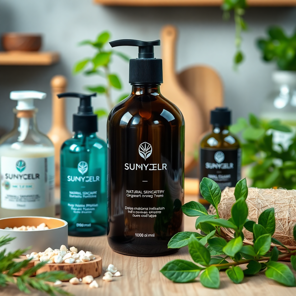 natural skincare laboratory with organic ingredients, green plants, wooden textures, professional wellness brand photography