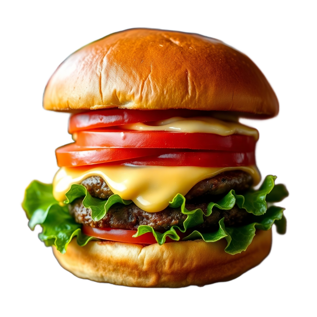 custom burger with lettuce tomato cheese on brioche bun
