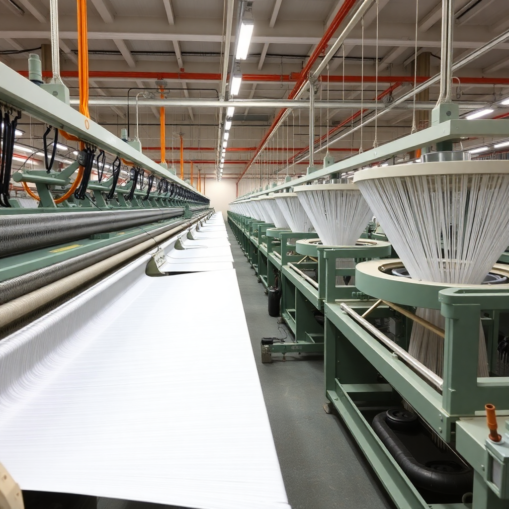 industrial weaving looms and circular knitting machines in modern textile factory, manufacturing equipment in operation