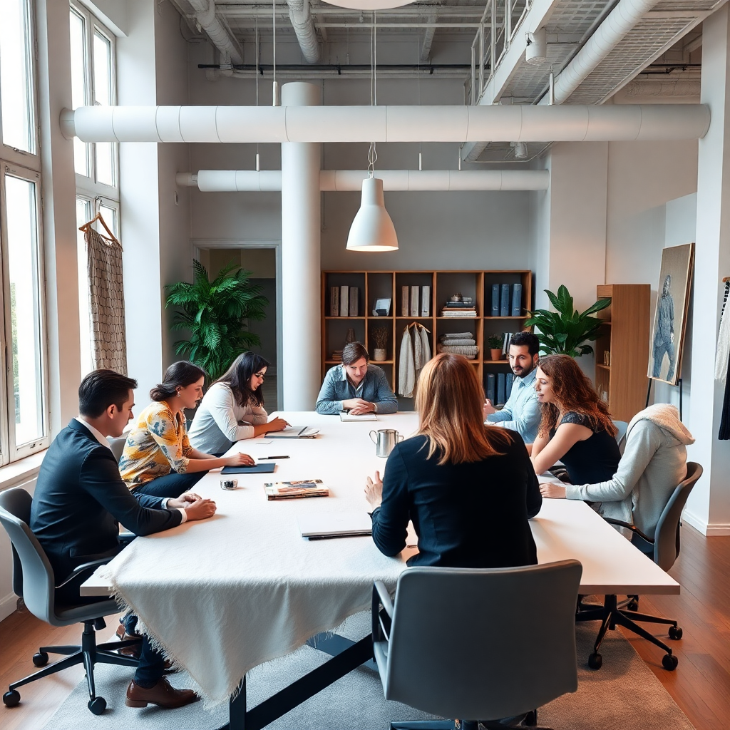 modern office meeting room with diverse team collaborating on textile designs