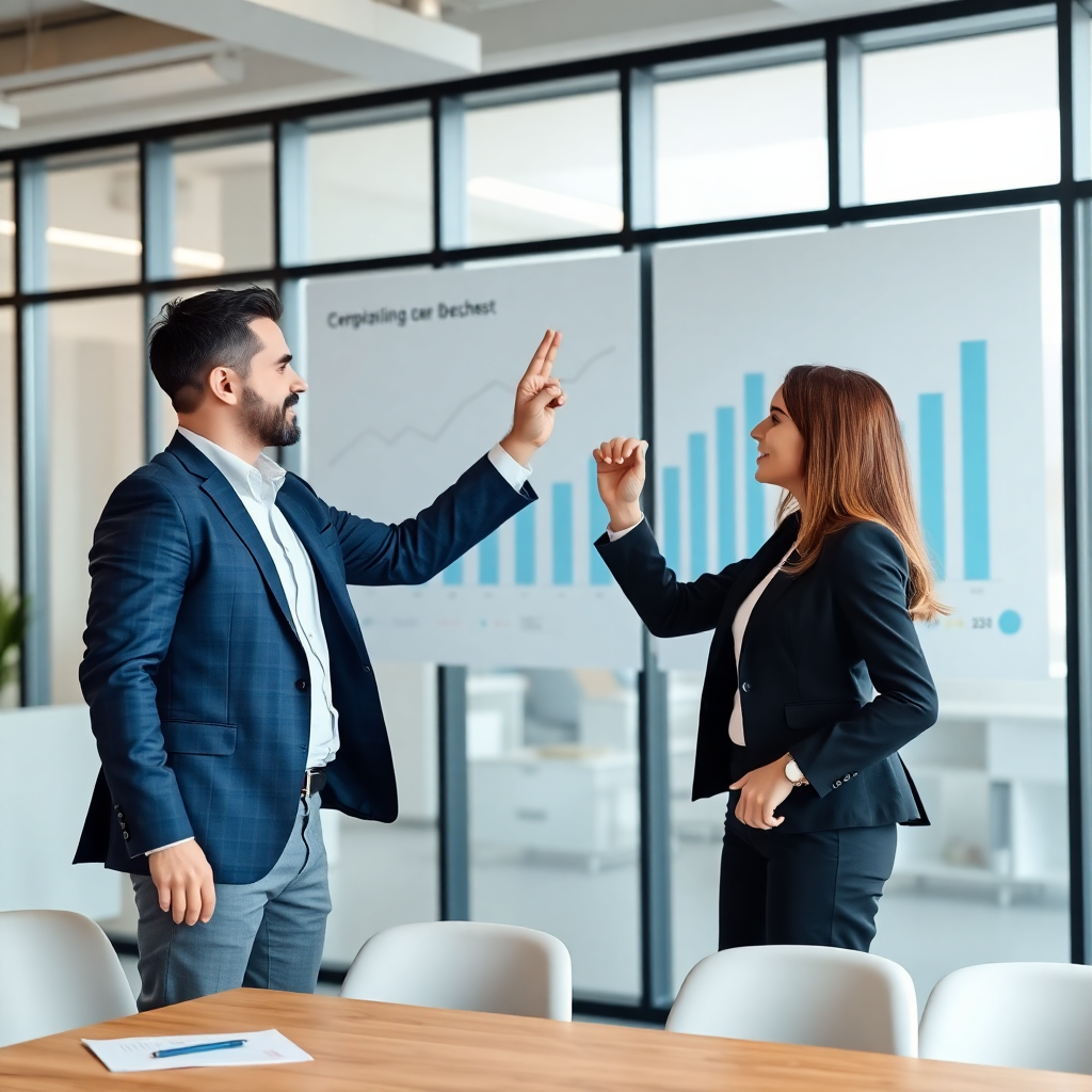 two business professionals high fiving in a modern office with charts in background, success moment, realistic photography