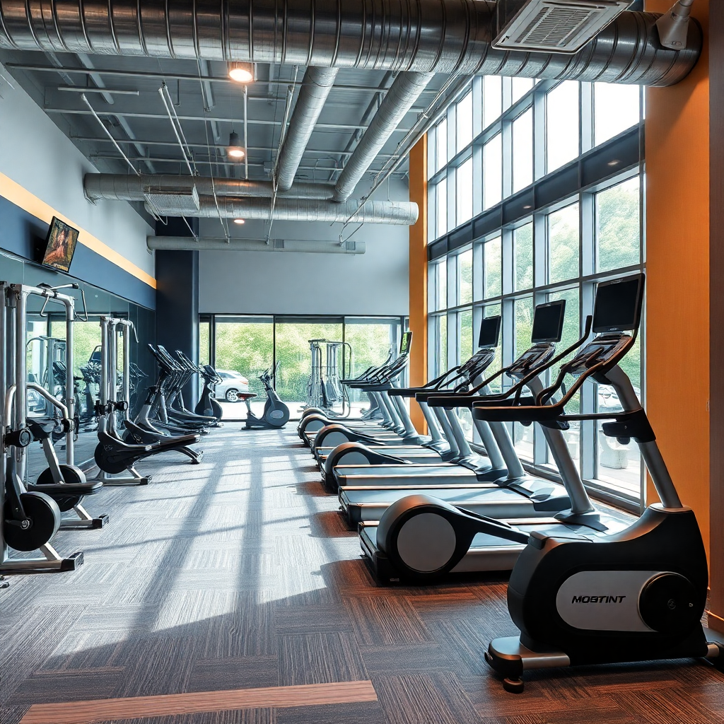 modern gym and fitness center, sports equipment, healthy lifestyle setting