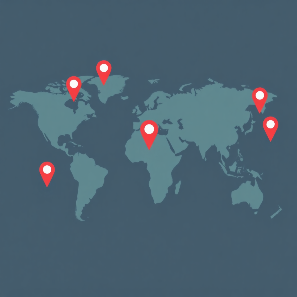 World map with server location pins, connected network lines, modern flat design style, soft colors