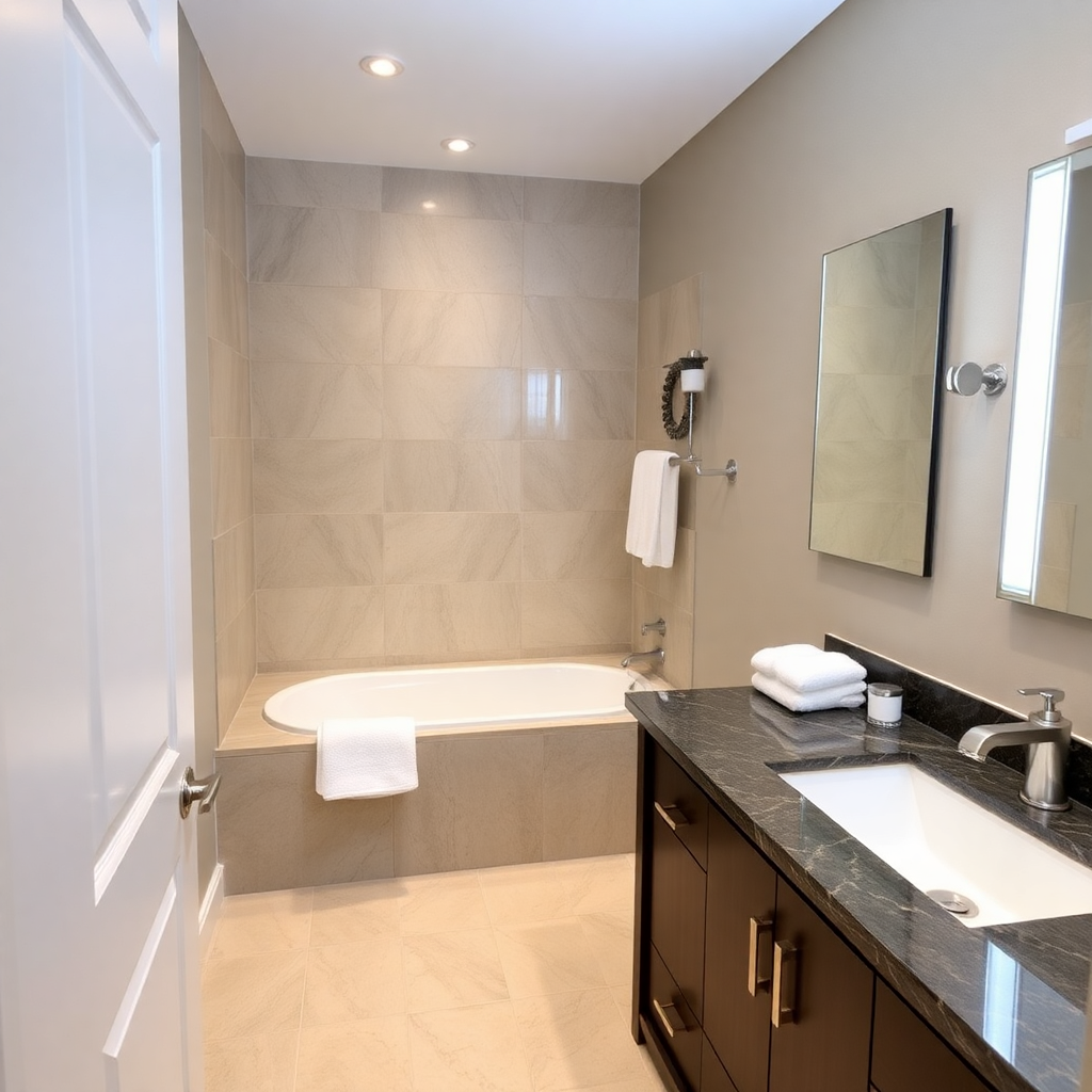 spacious bathroom with bathtub and premium fixtures