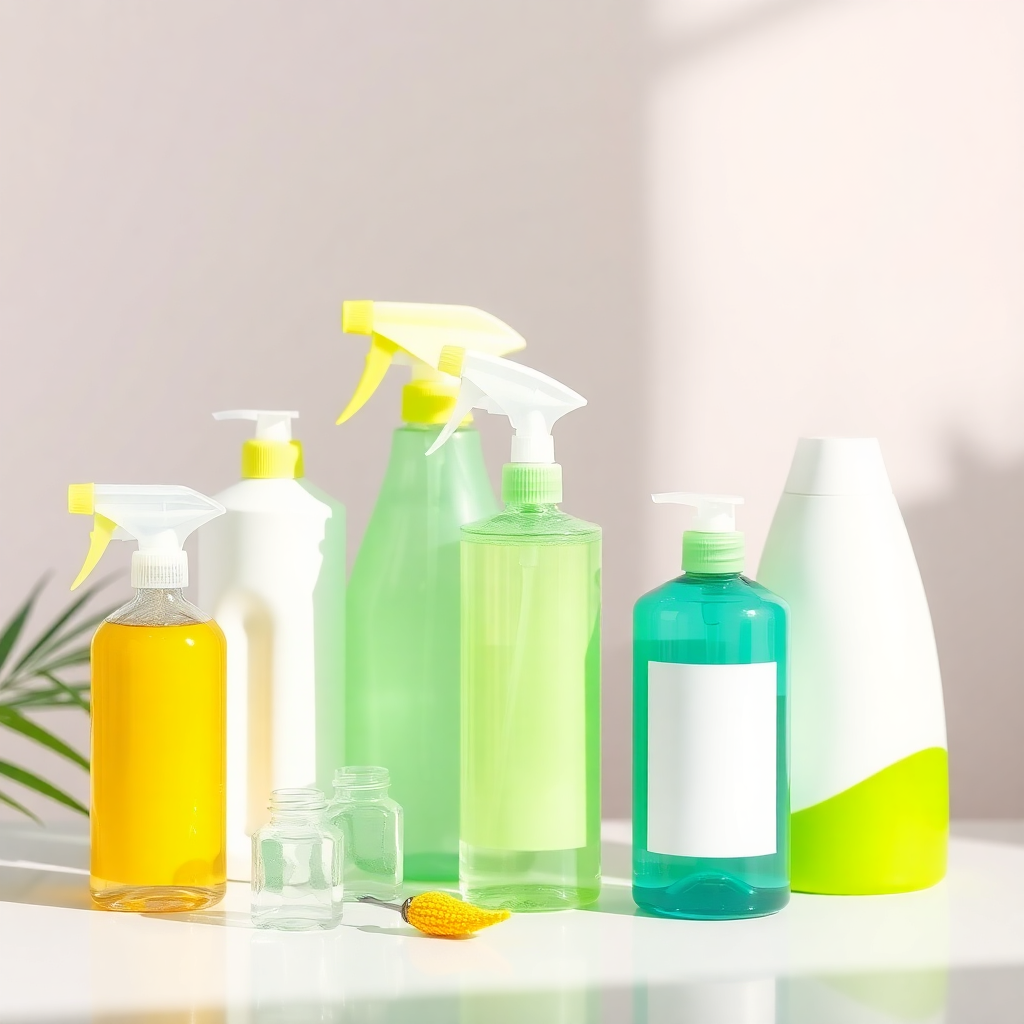 modern cleaning products collection, spray bottles and eco-friendly supplies, bright clean aesthetic