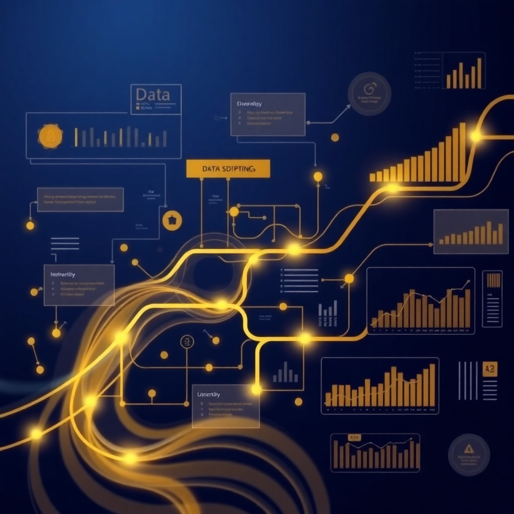 data processing pipeline visualization with flowing data streams, automated workflows, charts and graphs, modern tech interface, gold and navy color palette