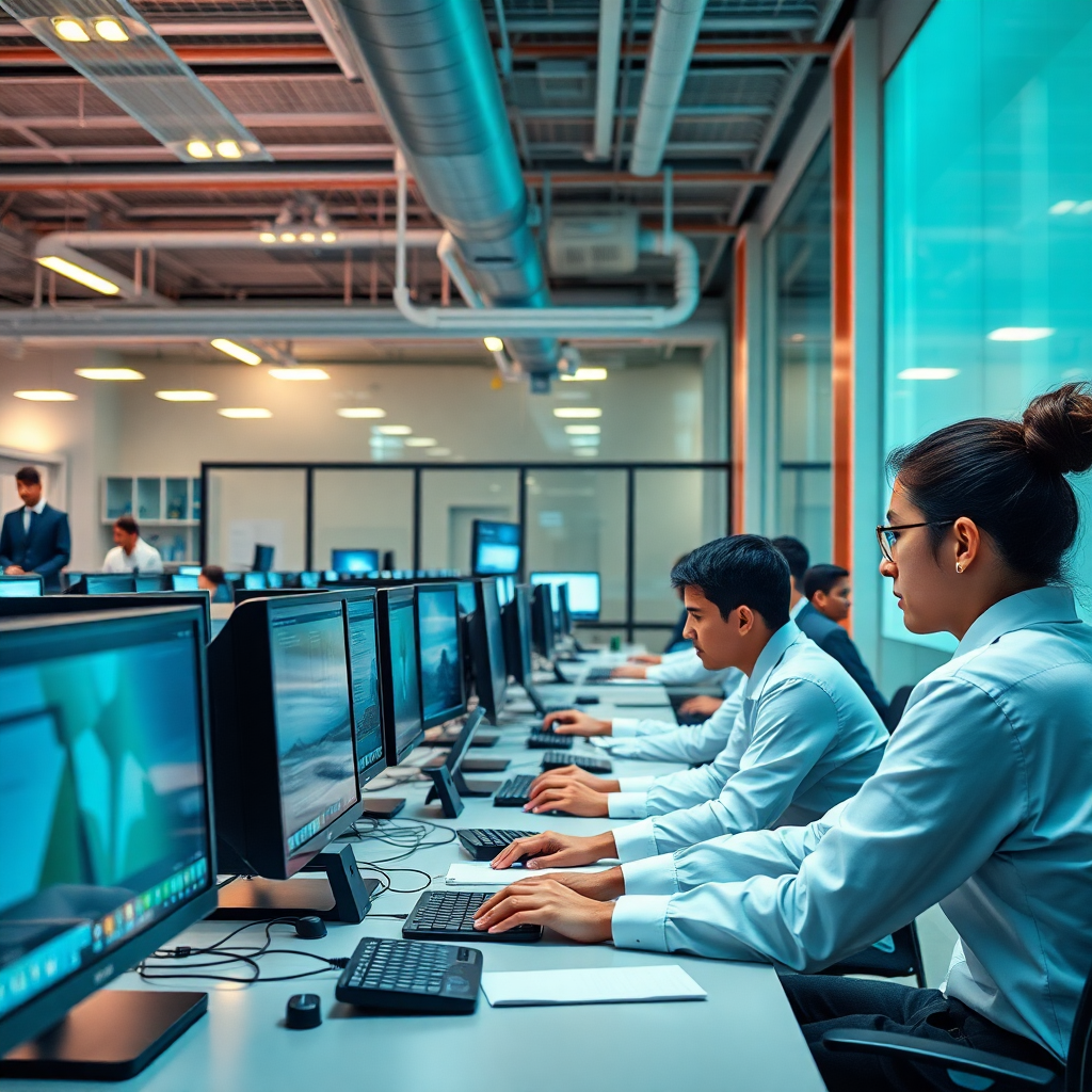 professional education institution environment with modern technology and students working on computers, photorealistic