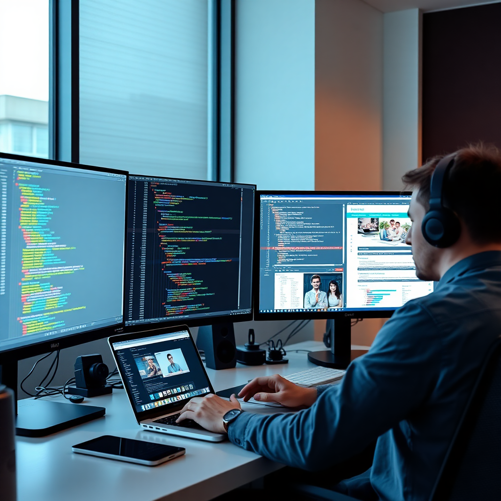 modern web development workspace with multiple monitors showing code and website designs, developer working on laptop