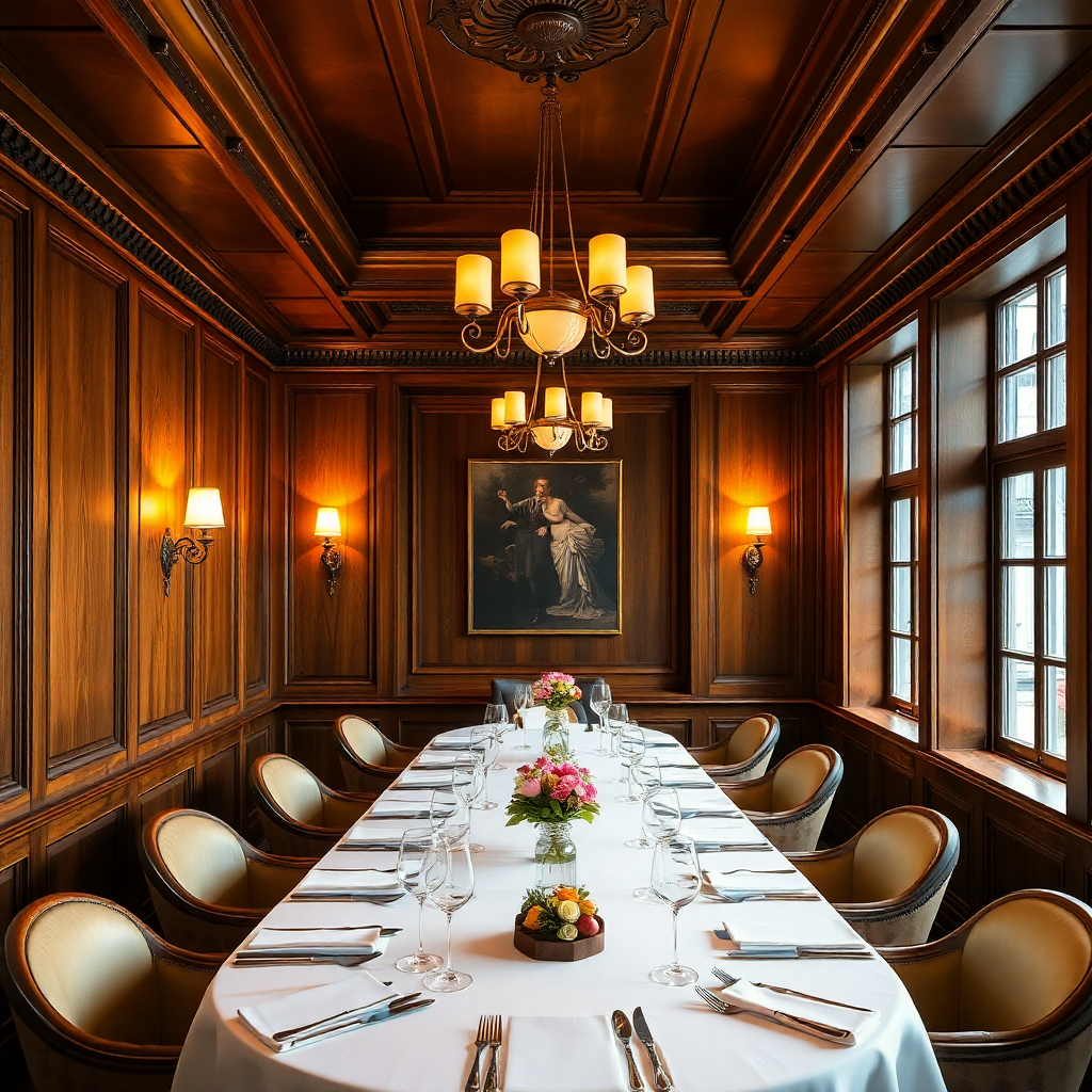 Elegant wood-paneled private dining room in Munich, traditional Bavarian interior, golden lighting, luxury restaurant ambiance