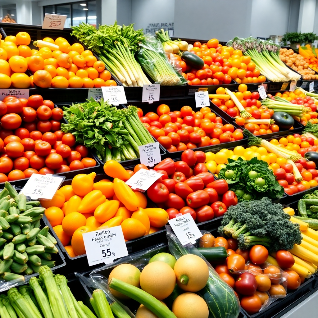 fresh fruits and vegetables in organized display, professional food distribution, clean modern packaging