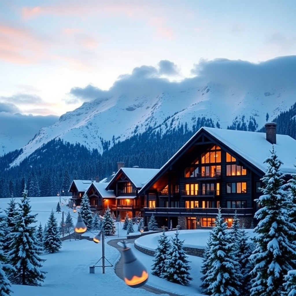 luxury mountain ski resort with snow-capped peaks and cozy alpine lodge, winter wonderland, bright natural lighting