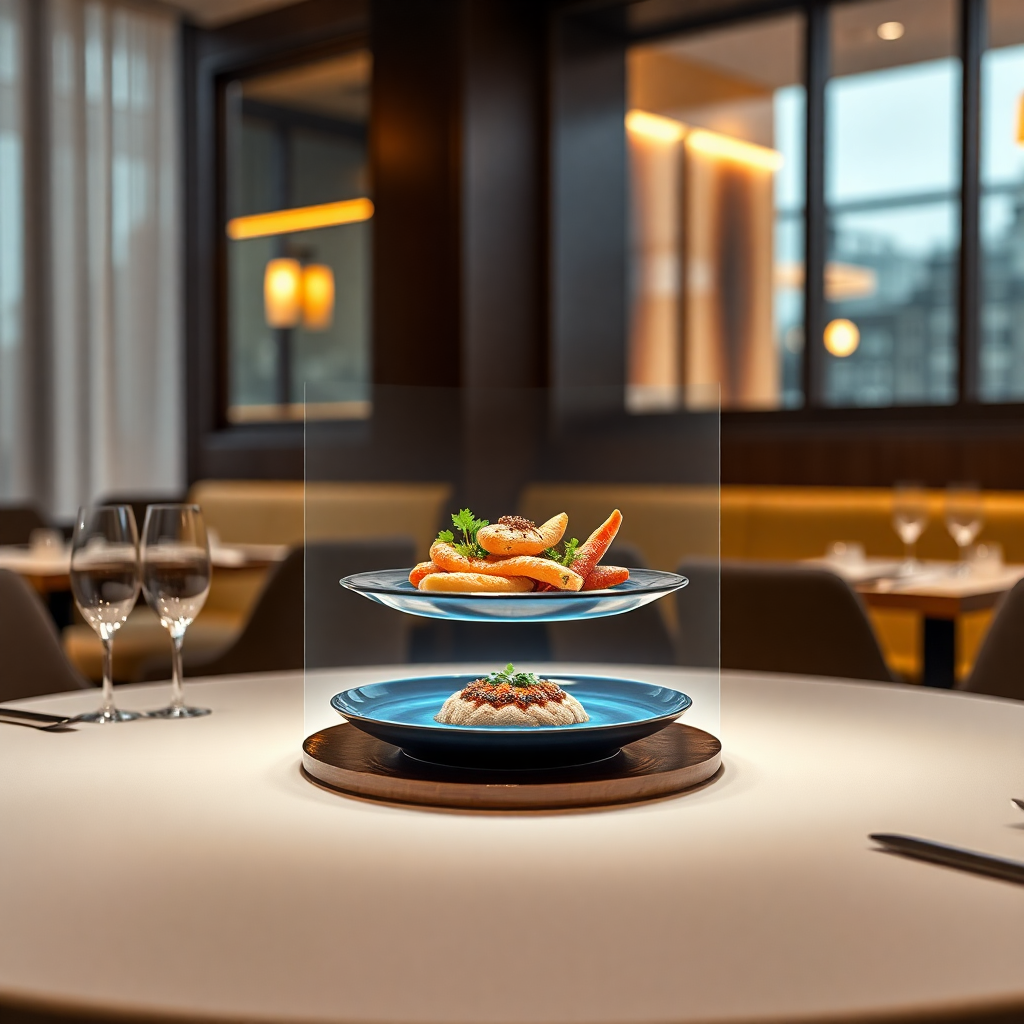 Elegant restaurant table with realistic 3D holographic food dish floating above the table surface, augmented reality visualization, premium dining environment, warm ambient lighting, photorealistic food presentation, modern technology integration