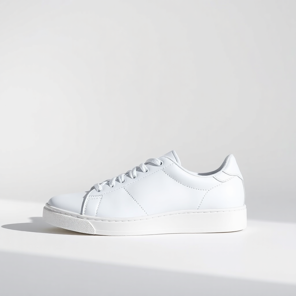minimalist white sneakers on plain background, product photography