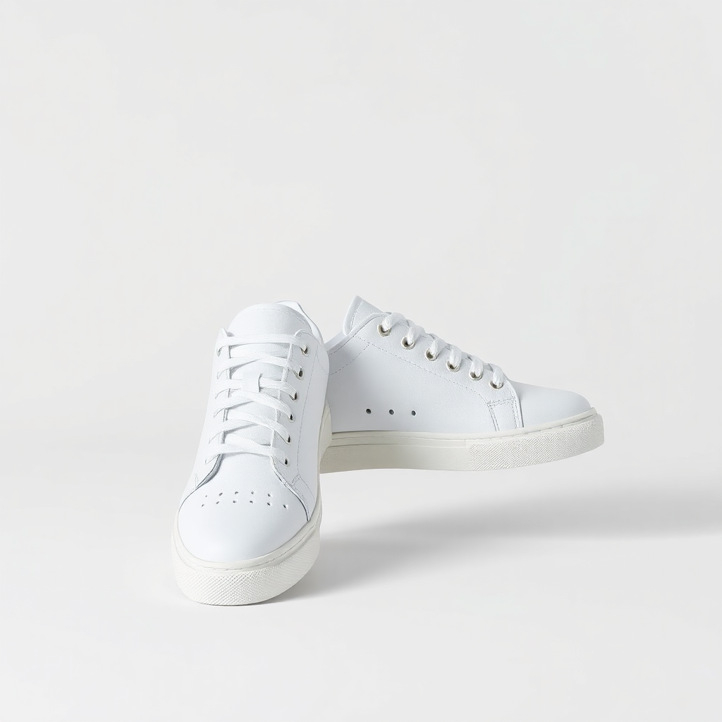 minimalist white sneakers on plain background, product photography