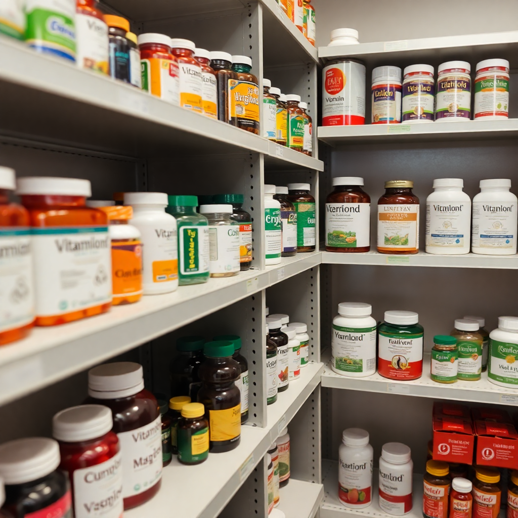 pharmacy shelves with vitamins and supplements neatly organized