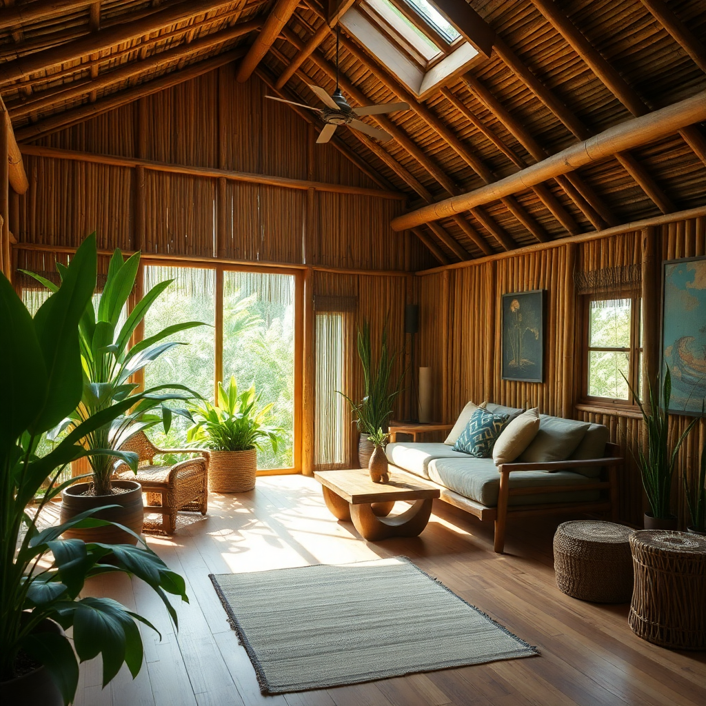 interior of eco lodge madagascar, natural materials, wood, bamboo, sunlight streaming in, cozy atmosphere, plant decorations