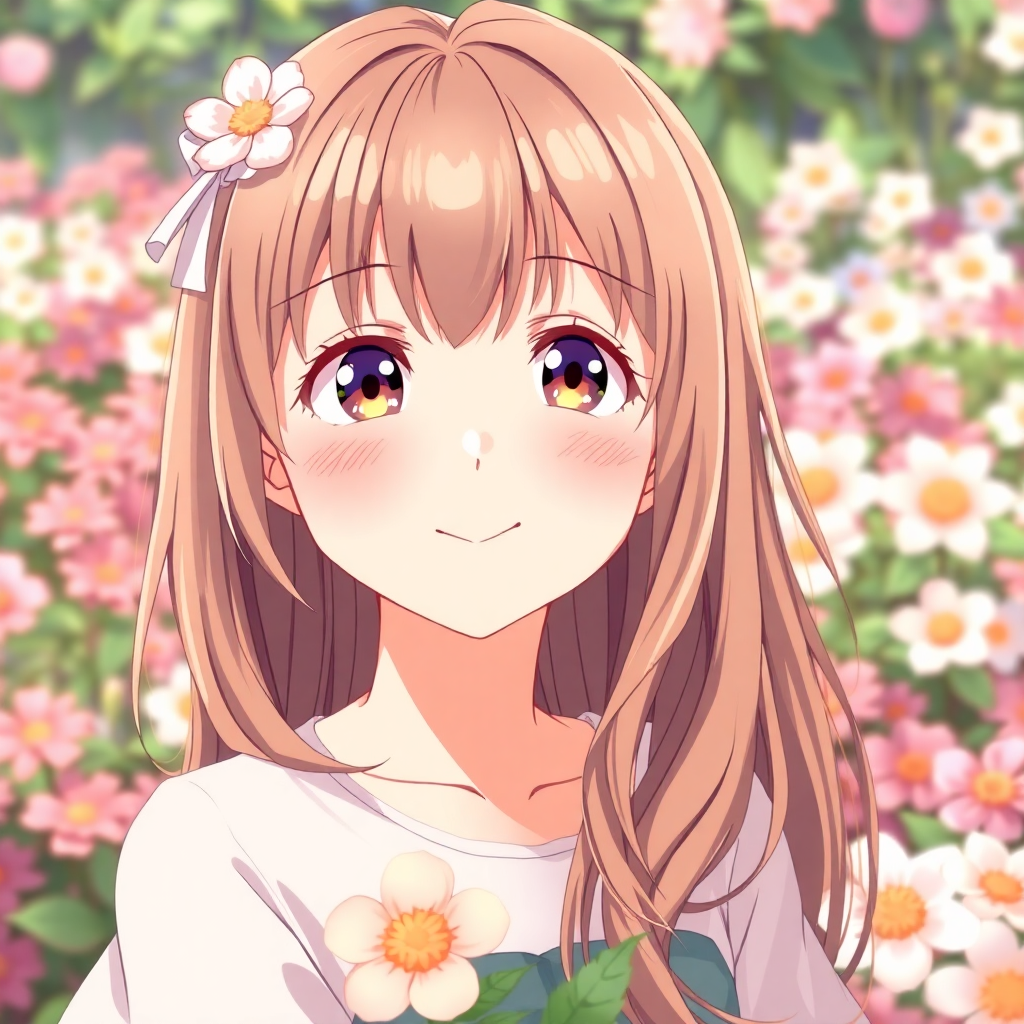 sweet anime girl with light brown hair, kind smile, gentle personality, flower garden, portrait