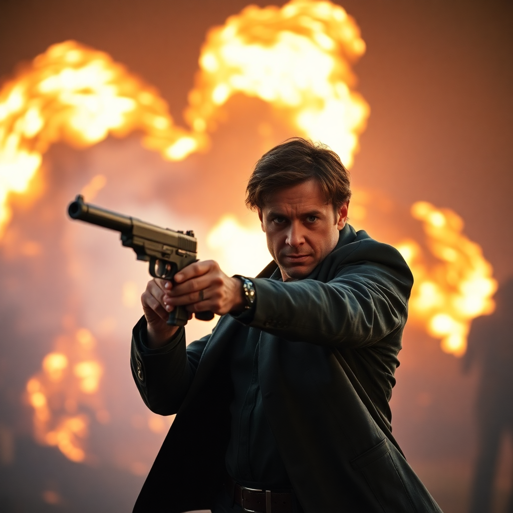 action movie scene still, explosive background