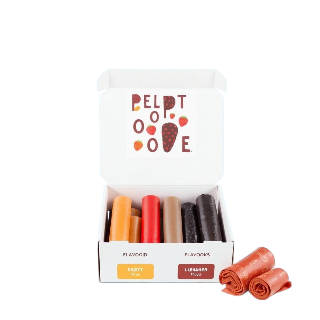 Customizable box of fruit leather rolls, showing different flavor options