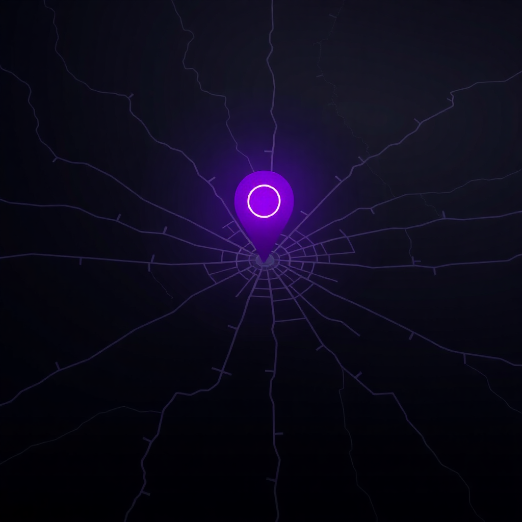 dark minimalist map of Oklahoma City with purple glowing location marker, futuristic technology theme