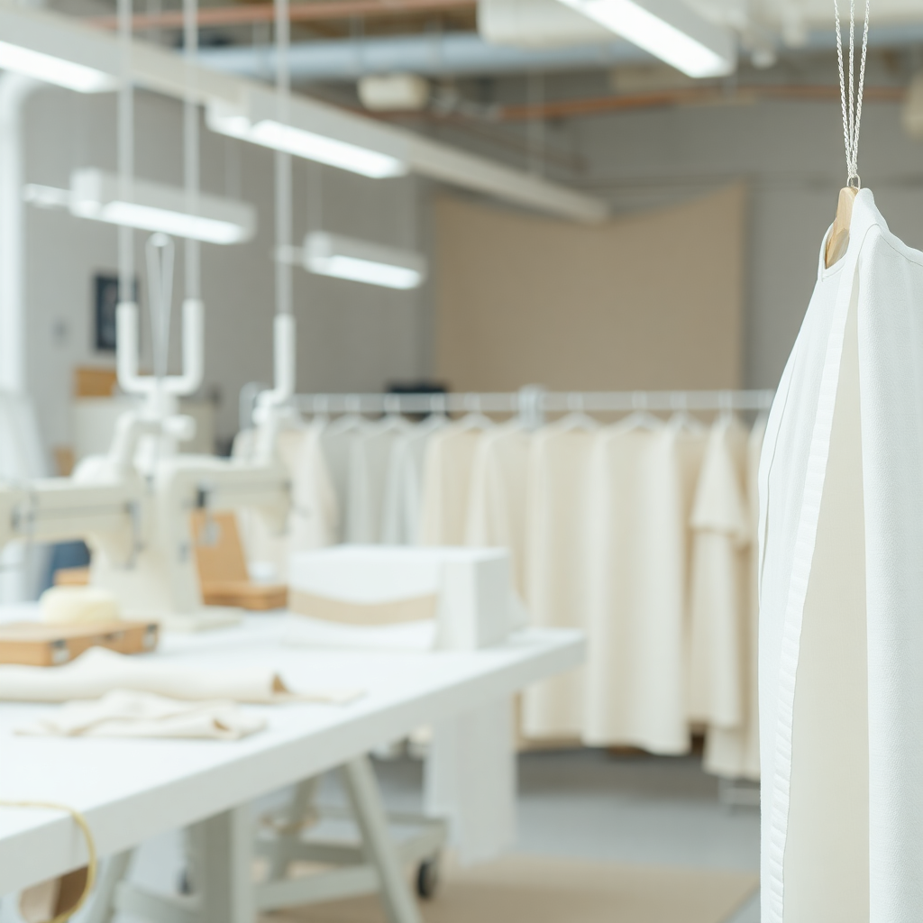 high fashion textile workshop background, minimal, clean, white and beige tones, blurred background, soft lighting