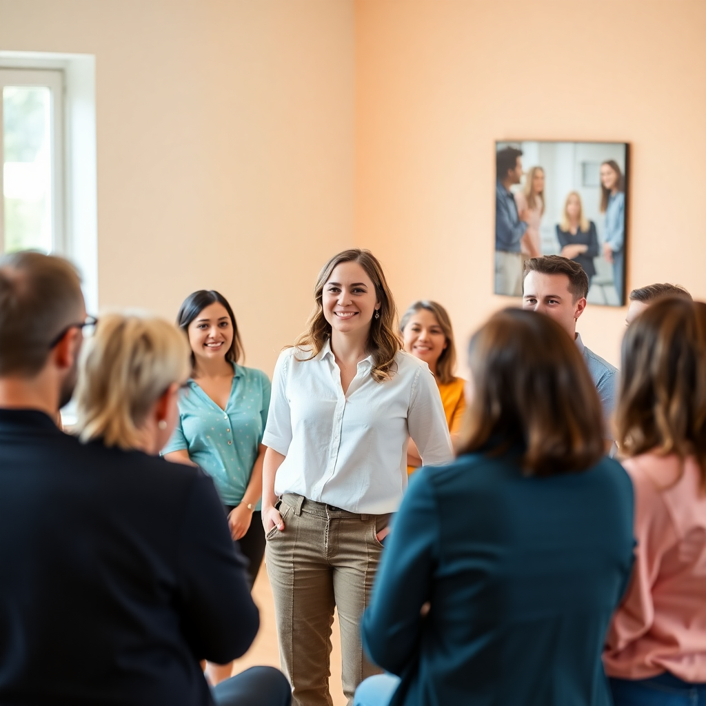 supportive group leader with diverse group of people in circle, bright room, pastel colors