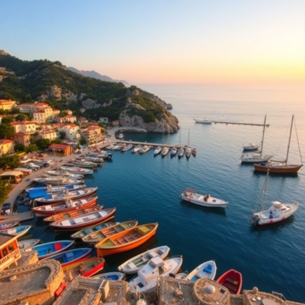 Cassis harbor with colorful boats, Mediterranean sea, calanques, warm evening light, photographic style
