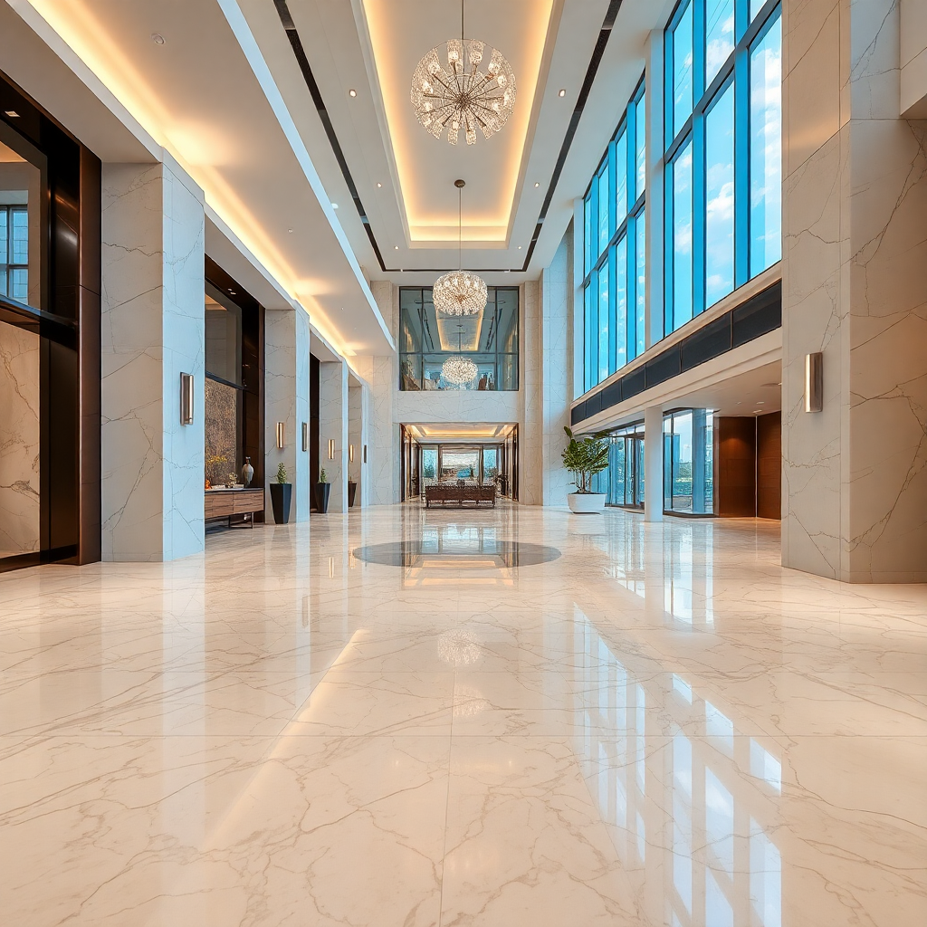 luxury marble tiles, polished surface, elegant hotel lobby interior, premium architectural photography