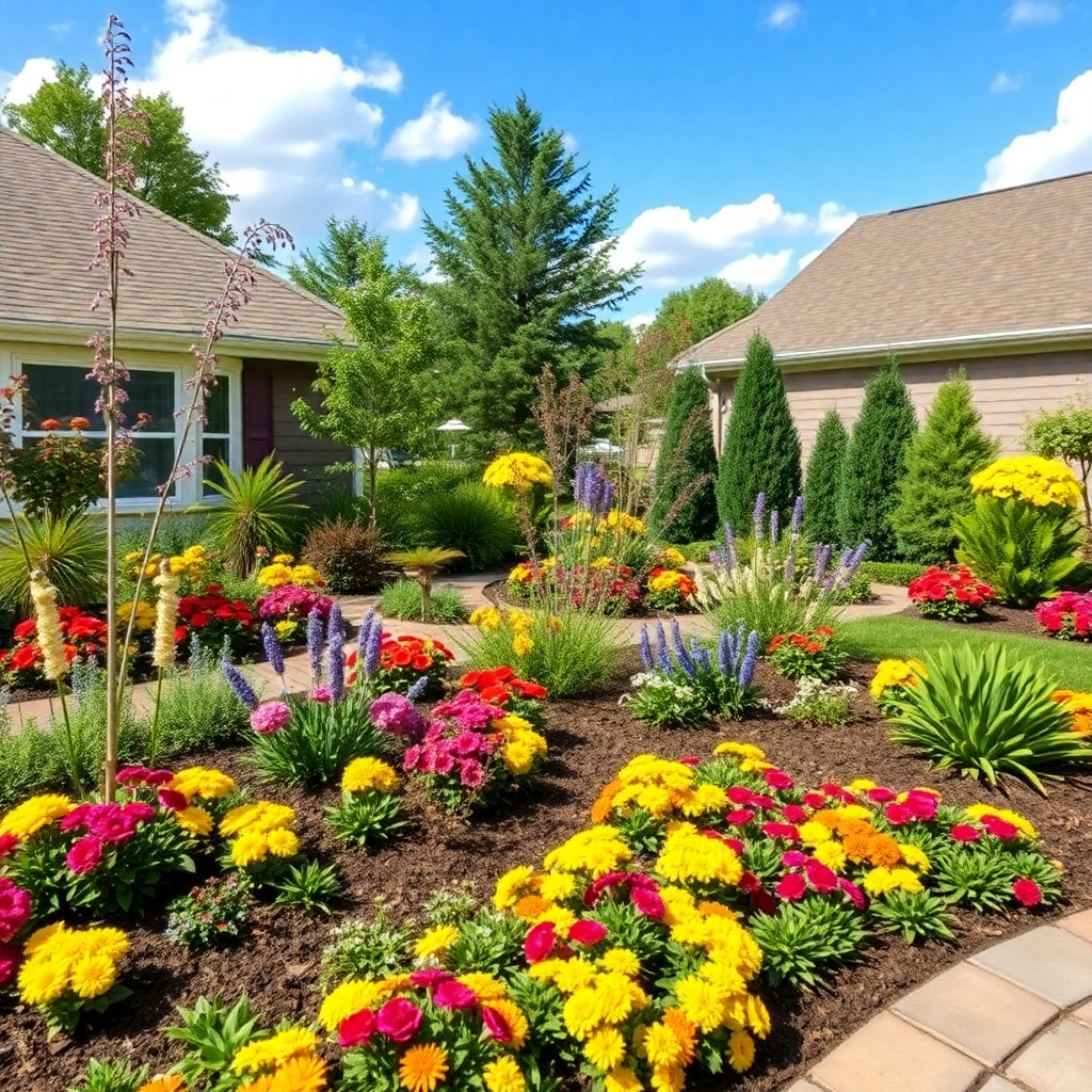 landscape garden design with colorful flower beds and decorative plants, professional garden design