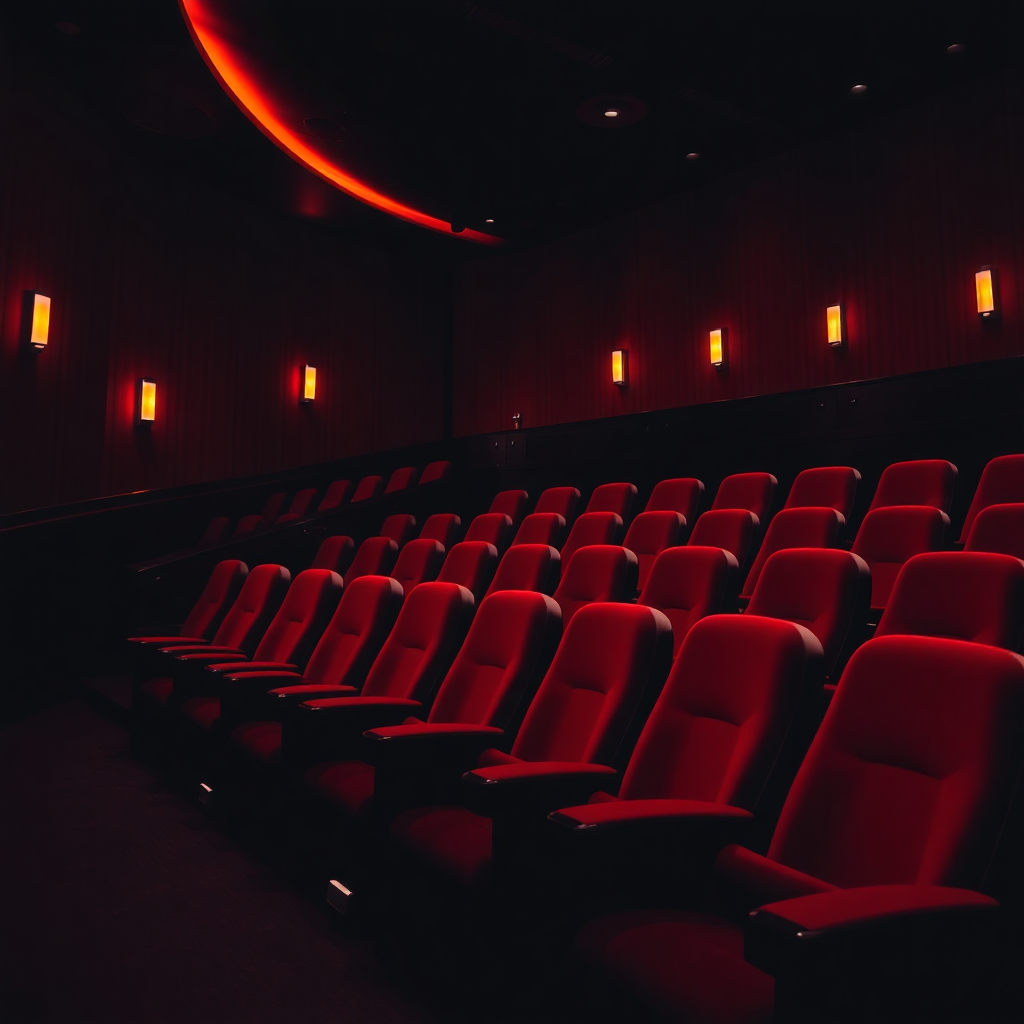 cinematic movie theater interior with red velvet seats and dramatic lighting, dark atmosphere