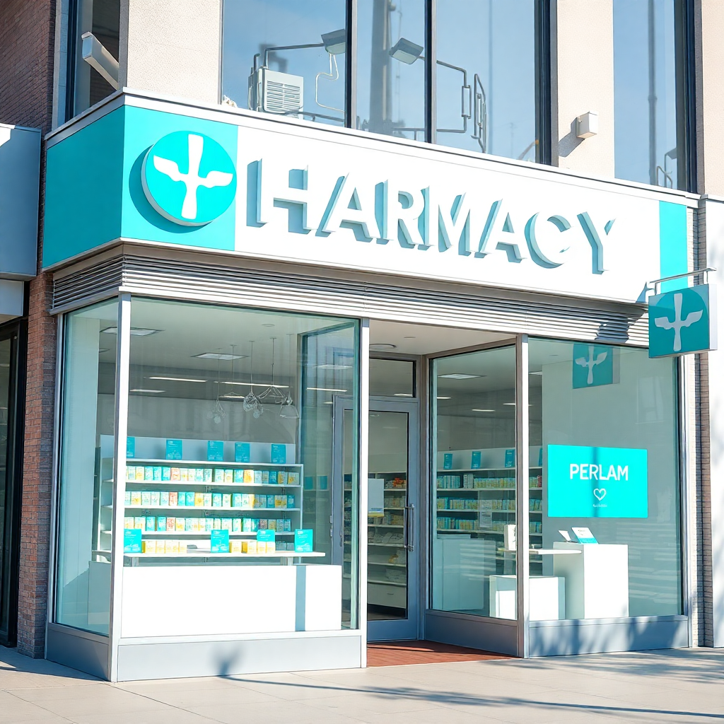 modern pharmacy storefront exterior with large glass windows, clean white and turquoise signage, bright daylight, professional medical facility