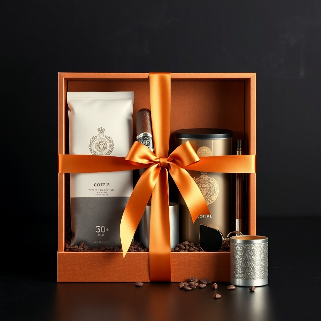 Elegant luxury gift box with cigars, coffee, and accessories.