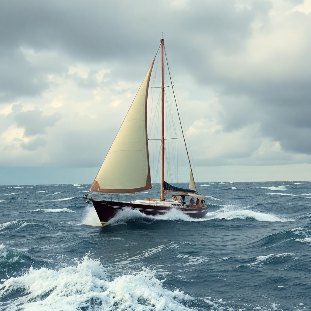 sailing yacht in rough sea, heavy weather sailing, dramatic waves and clouds