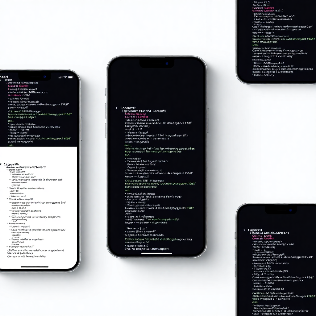 ios app development concept, iphone screens with swift code overlay, sleek and modern design