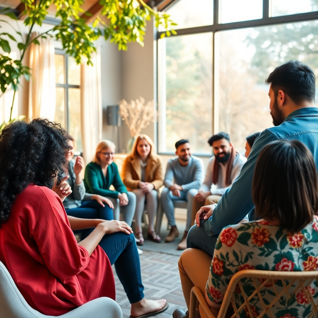 diverse community people sitting in circle having dialogue, warm natural lighting, peaceful atmosphere, connection and understanding