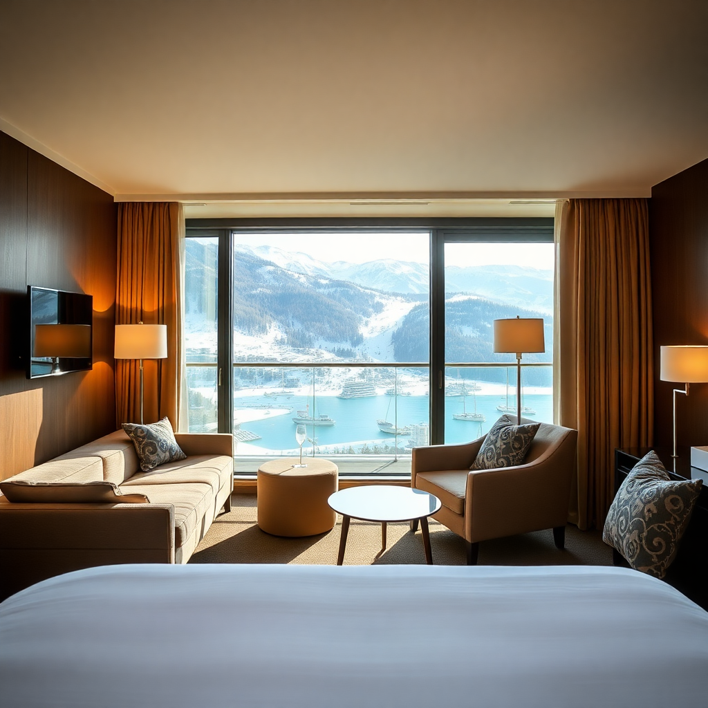 luxury junior suite Sport Hotel Hermitage Soldeu Andorra panoramic ski slope view premium alpine interior design sitting area mountain balcony editorial photography warm champagne light
