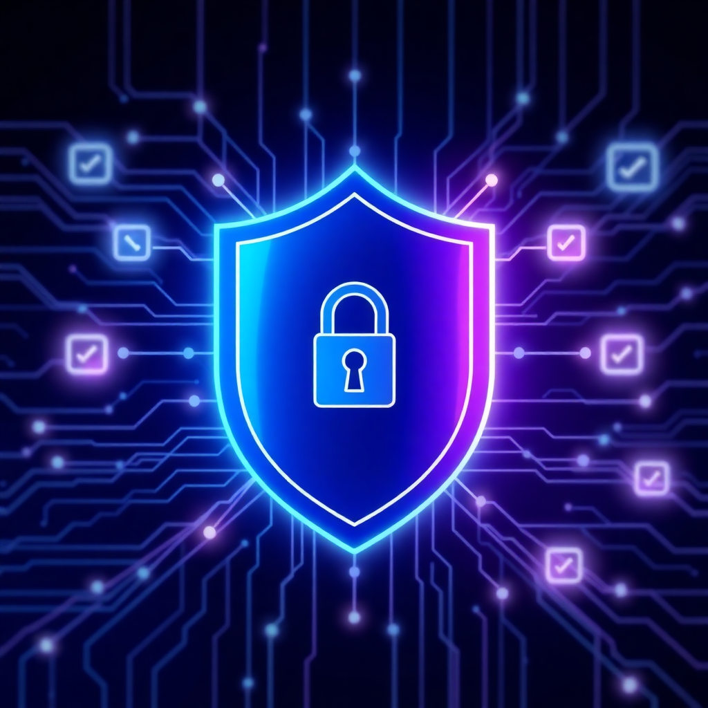 data protection concept with shield and lock, secure digital data, privacy protection visualization, GDPR compliance illustration, encrypted data flowing through protected channels, modern tech style with blue and purple gradients