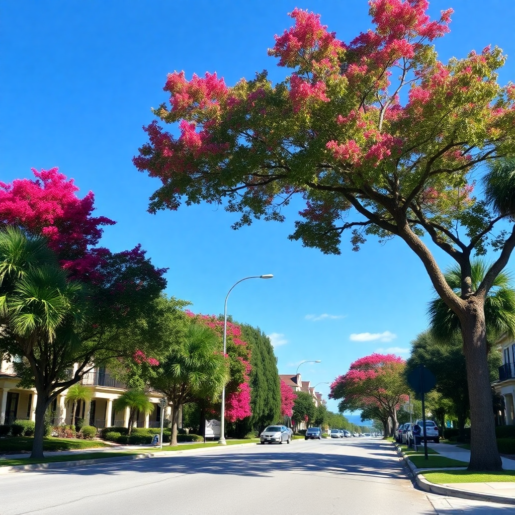Tampa Florida residential street with beautiful trees and clear blue sky, landscape format