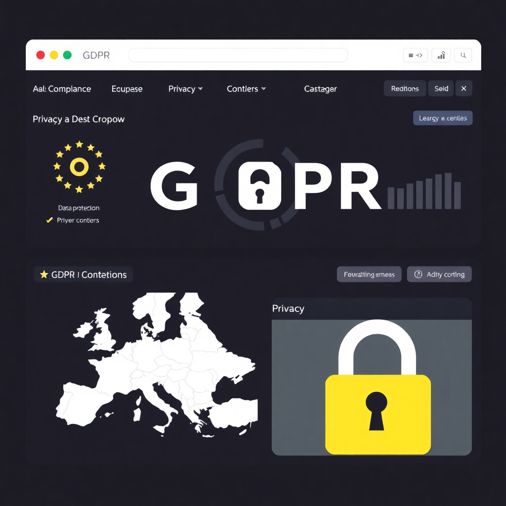 GDPR compliance dashboard with data protection icons, privacy controls interface, European flag elements, professional tech design
