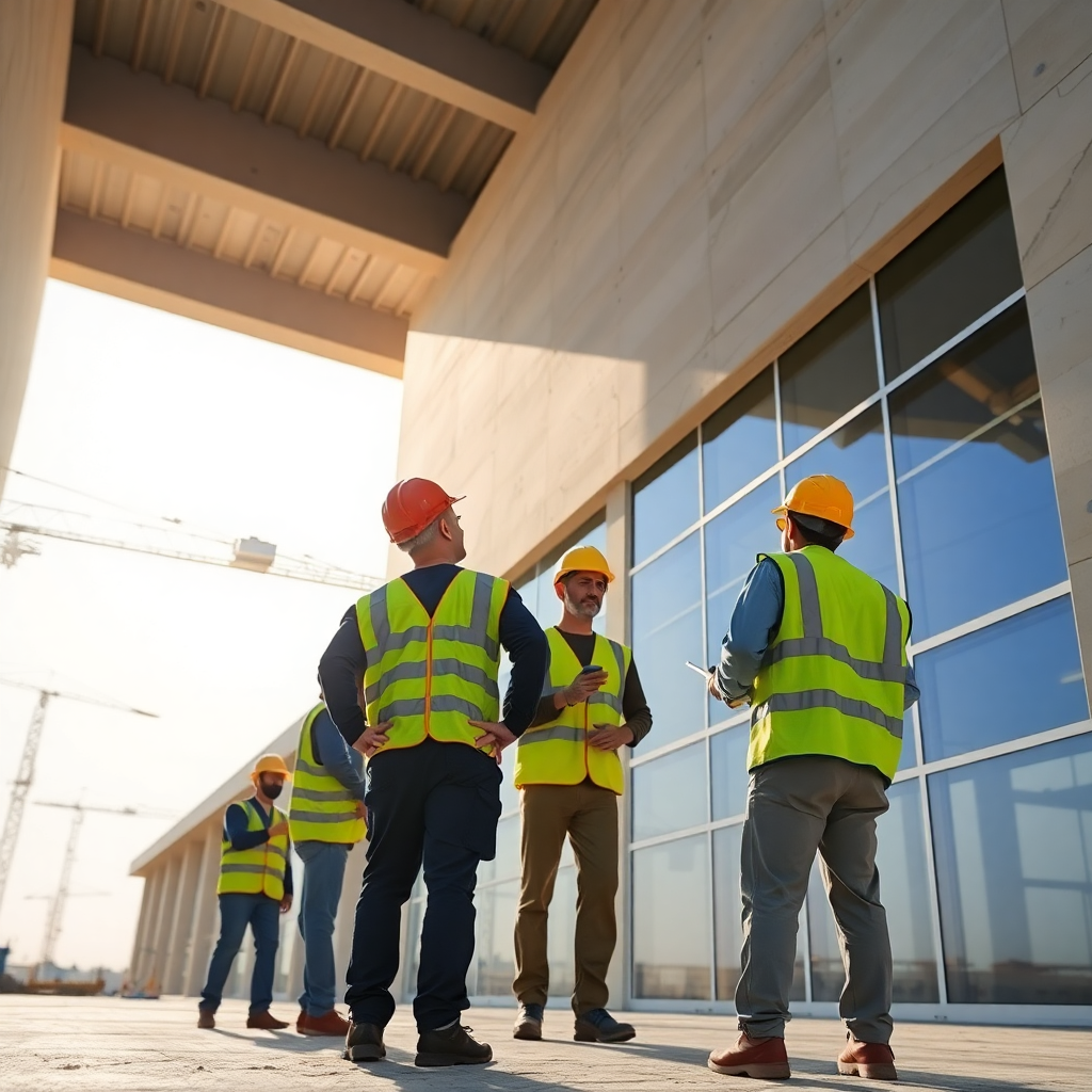 professional construction team working on modern building project, Saudi Arabia architecture, bright daylight