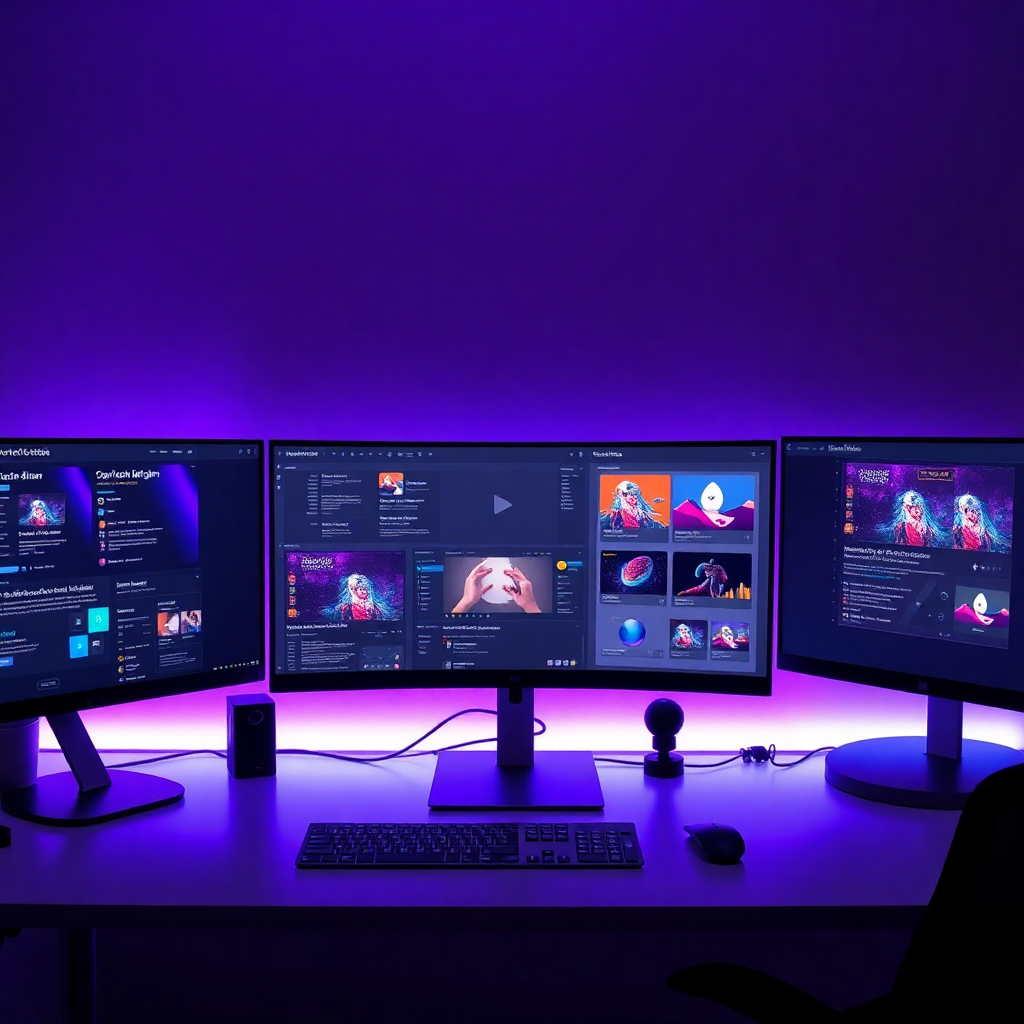 modern website design workspace with multiple monitors, UI/UX design tools, purple neon lighting, sleek desktop setup