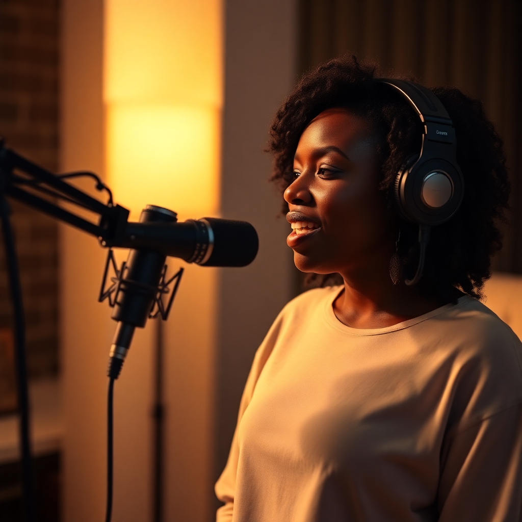 Black woman speaking into microphone during podcast recording, intimate studio setting, warm lighting